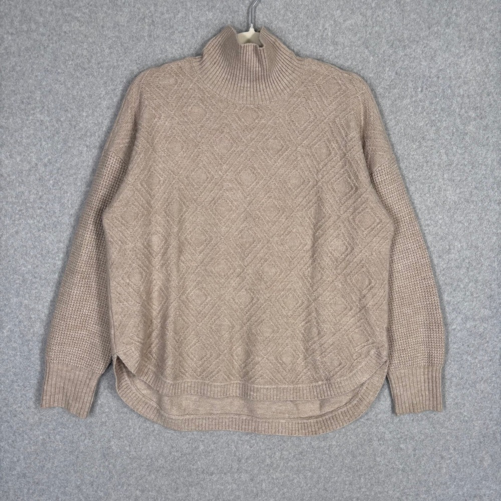 Tribal Turtleneck Sweater Medium Tan Argyle Waffle Knit Neutral Minimalist Mock